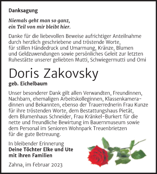 Traueranzeige von Doris Zakovsky von Trauerkombi Wittenberg