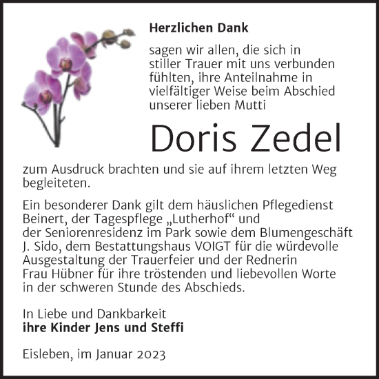 Traueranzeige von Doris Zedel von Trauerkombi Mansfelder Land