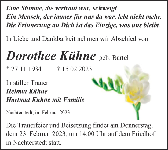 Traueranzeige von Dorothee Kühne von Trauerkombi Aschersleben