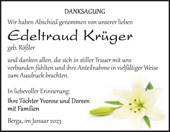 Traueranzeige von Edeltraud Krüger von Trauerkombi Sangerhausen