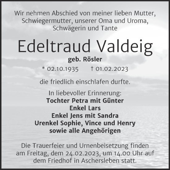 Traueranzeige von Edeltraud Valdeig von Trauerkombi Aschersleben