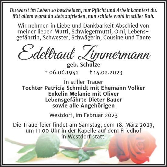 Traueranzeige von Edeltraut Zimmermann von Trauerkombi Aschersleben