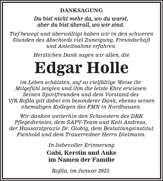 Traueranzeige von Edgar Holle von Trauerkombi Sangerhausen