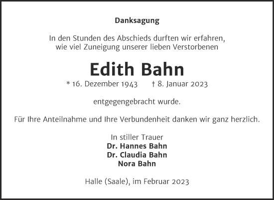 Traueranzeige von Edith Bahn von Mitteldeutsche Zeitung Halle/Saalkreis