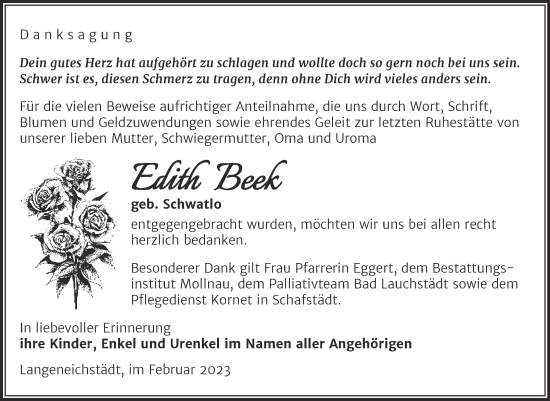 Traueranzeige von Edith Beek von Trauerkombi Merseburg