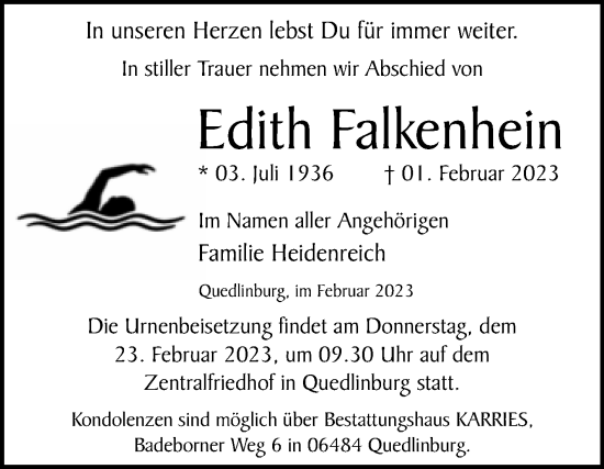 Traueranzeige von Edith Falkenhein von Trauerkombi Quedlinburg