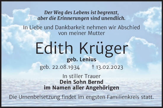 Traueranzeige von Edith Krüger von Trauerkombi Wittenberg