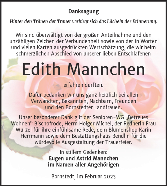 Traueranzeige von Edith Mannchen von Trauerkombi Mansfelder Land