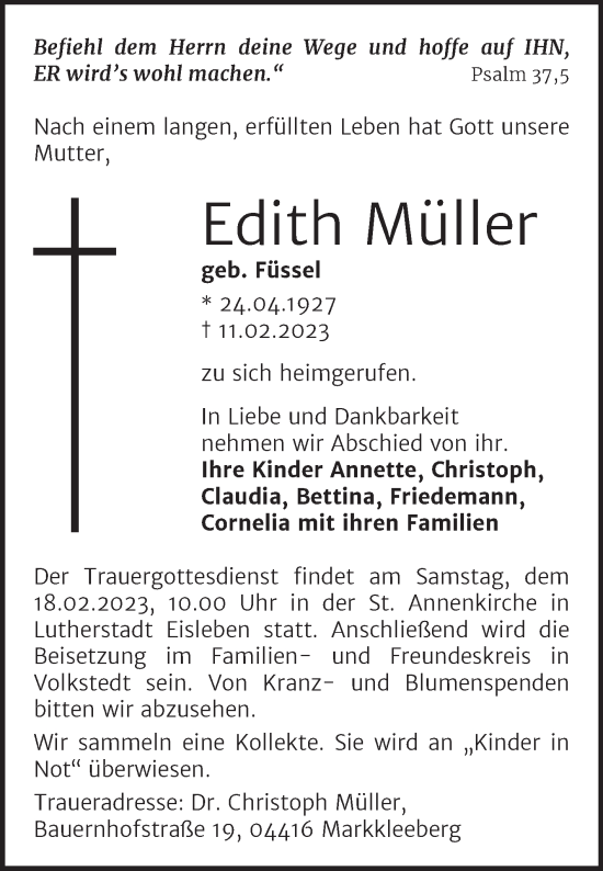 Traueranzeige von Edith Müller von Mitteldeutsche Zeitung Mansfelder Land