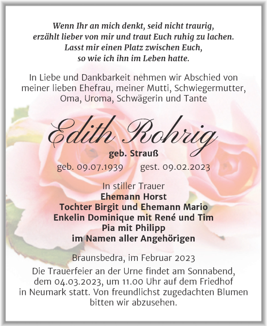 Traueranzeige von Edith Rohrig von Trauerkombi Merseburg