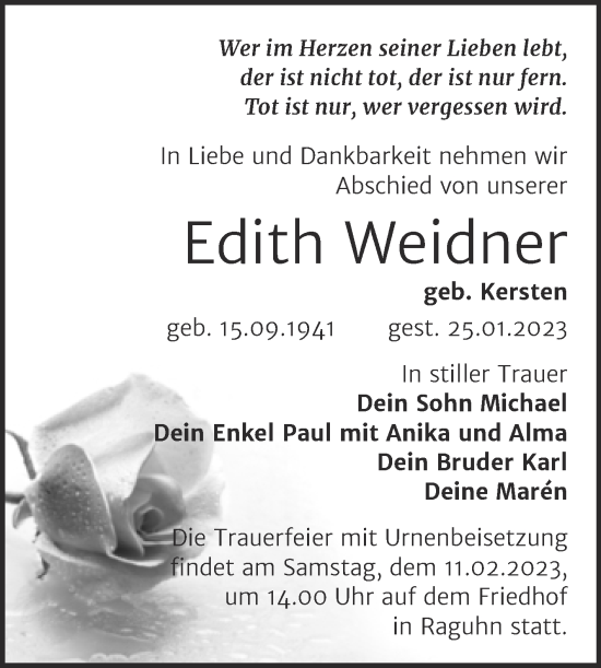 Traueranzeige von Edith Weidner von Trauerkombi Bitterfeld
