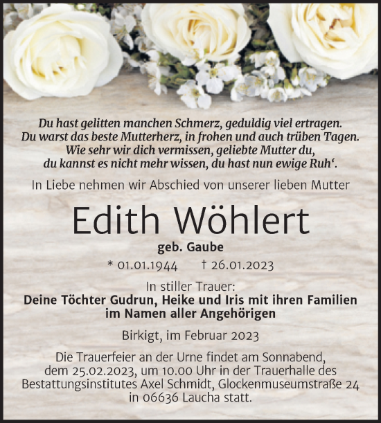 Traueranzeige von Edith Wöhlert von Wochenspiegel Naumburg/Nebra