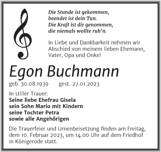 Traueranzeige von Egon Buchmann von Trauerkombi Quedlinburg