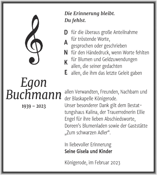 Traueranzeige von Egon Buchmann von Trauerkombi Quedlinburg