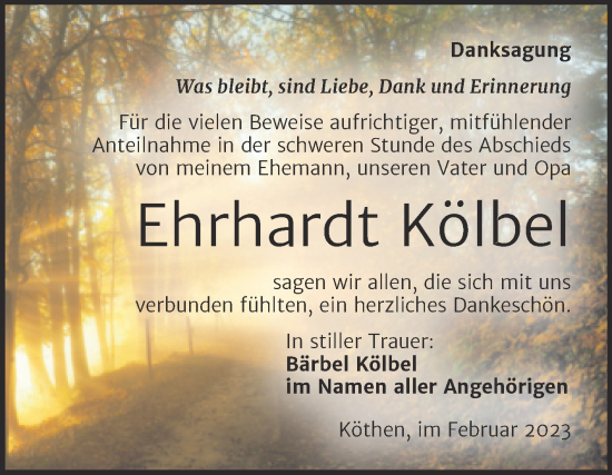 Traueranzeige von Ehrhardt Kölbel von Trauerkombi Köthen