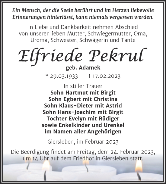 Traueranzeige von Elfriede Pekrul von Mitteldeutsche Zeitung Aschersleben