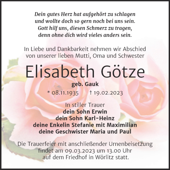 Traueranzeige von Elisabeth Götze von Trauerkombi Wittenberg