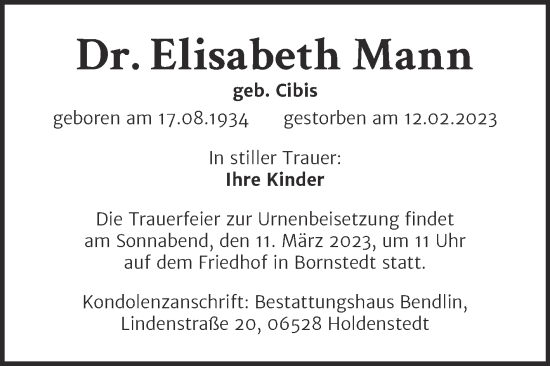 Traueranzeige von Elisabeth Mann von Trauerkombi Mansfelder Land