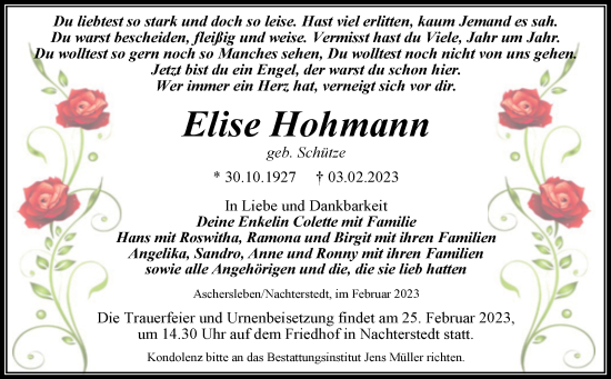 Traueranzeige von Elise Hohmann von Trauerkombi Aschersleben