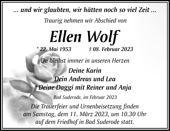 Traueranzeige von Ellen Wolf von Trauerkombi Quedlinburg