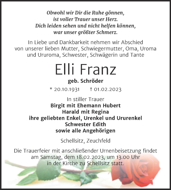 Traueranzeige von Elli Franz von Naumburger Tageblatt