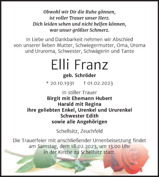 Traueranzeige von Elli Franz von Wochenspiegel Naumburg/Nebra