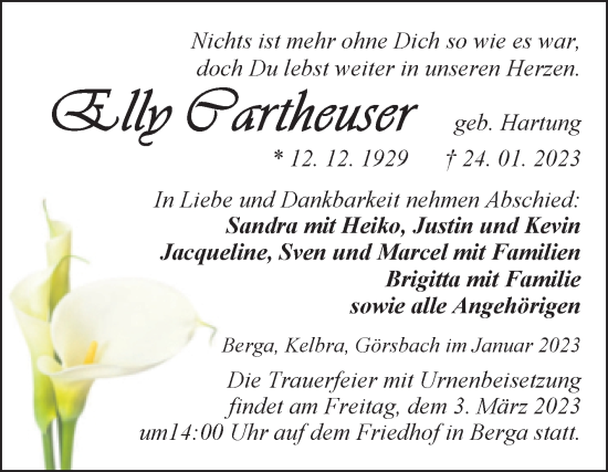 Traueranzeige von Elly Cartheuser von Trauerkombi Sangerhausen