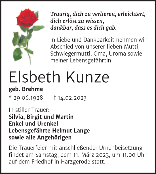 Traueranzeige von Elsbeth Kunze von Trauerkombi Quedlinburg