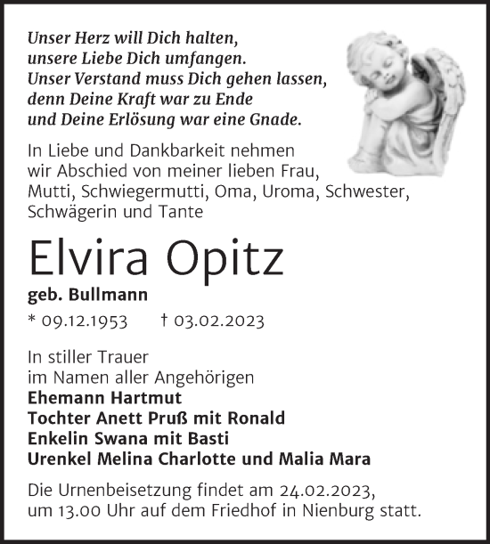 Traueranzeige von Elvira Opitz von Trauerkombi Bernburg