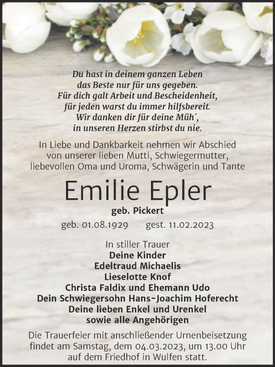 Traueranzeige von Emilie Epler von Mitteldeutsche Zeitung Köthen