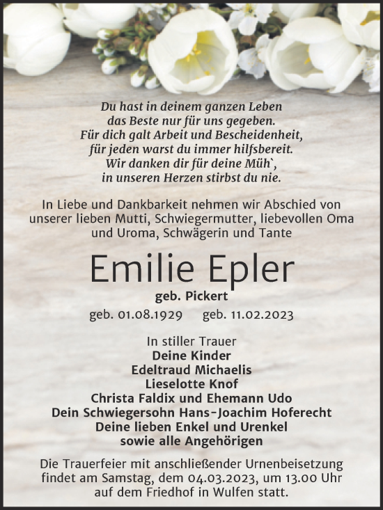 Traueranzeige von Emilie Epler von Trauerkombi Köthen