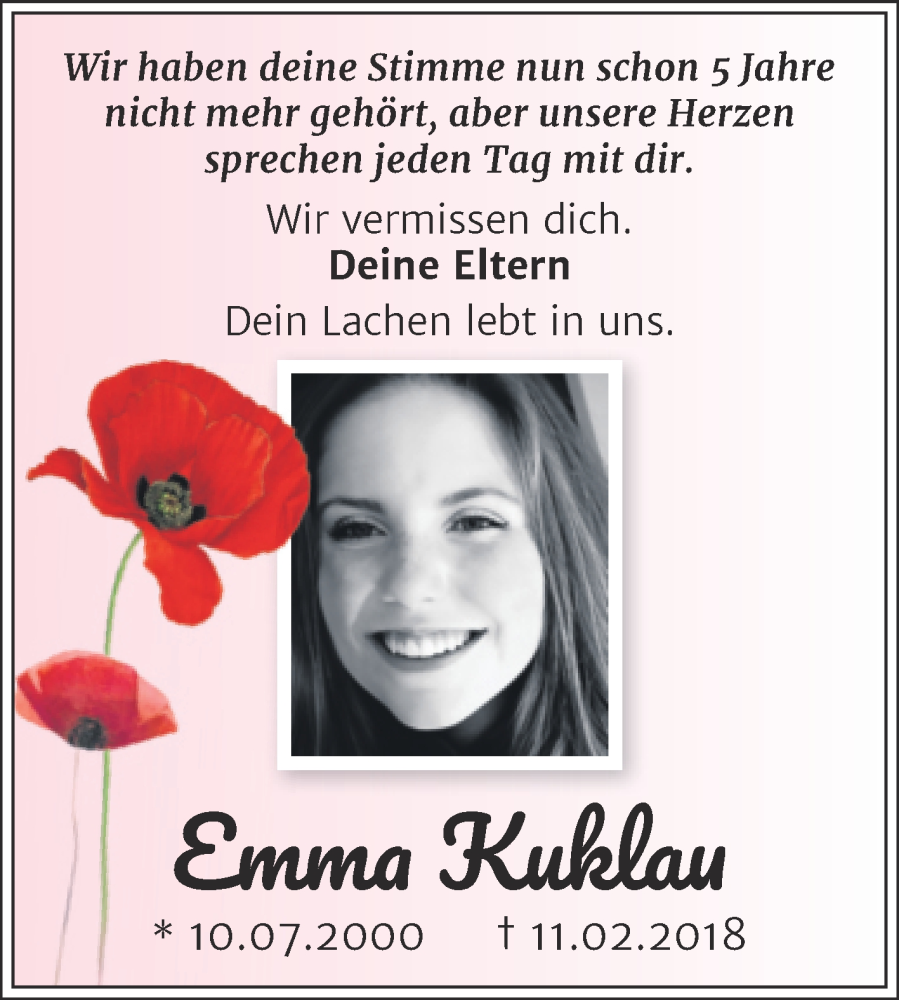  Traueranzeige für Emma Kuklau vom 11.02.2023 aus Trauerkombi Zeitz