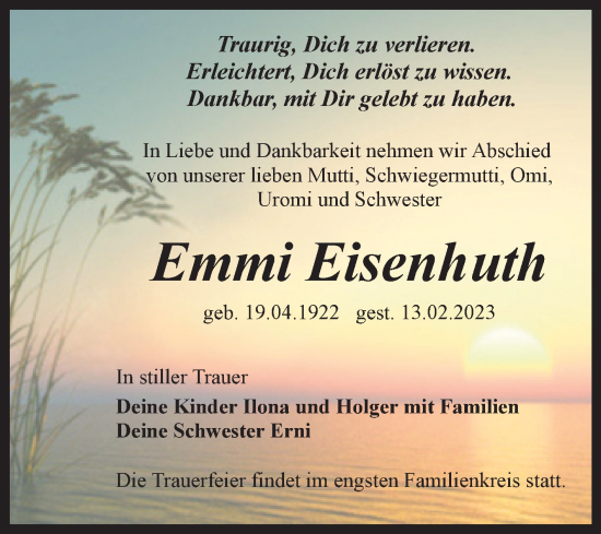 Traueranzeige von Emmi Eisenhuth von Trauerkombi Quedlinburg
