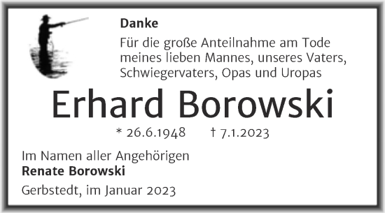 Traueranzeige von Erhard Borowski von Trauerkombi Mansfelder Land