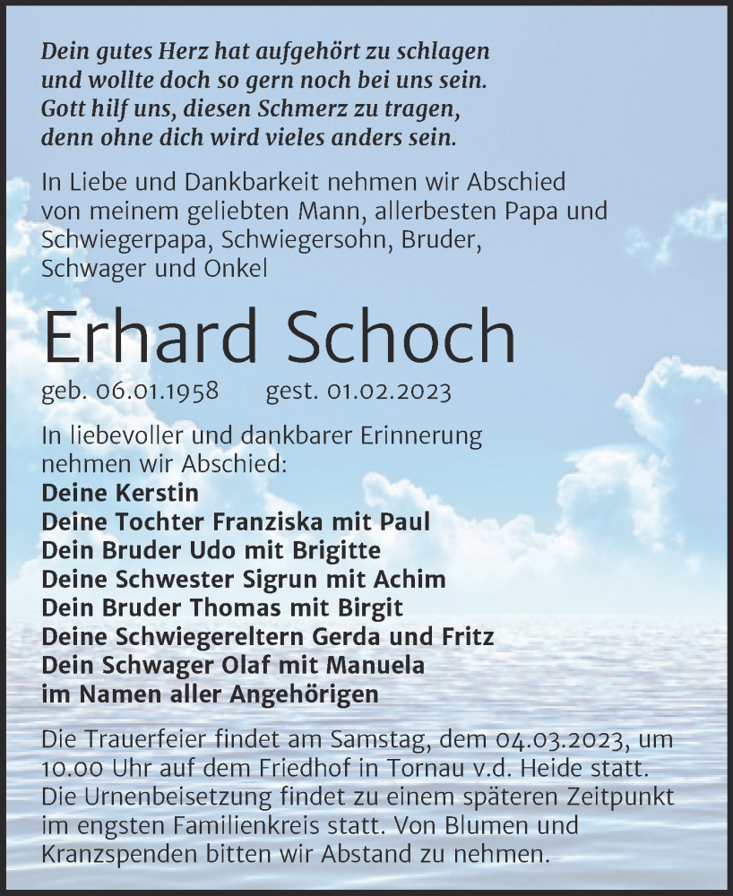  Traueranzeige für Erhard Schoch vom 11.02.2023 aus Trauerkombi Bitterfeld
