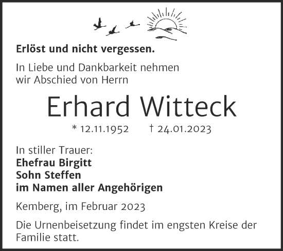 Traueranzeige von Erhard Witteck von Trauerkombi Wittenberg