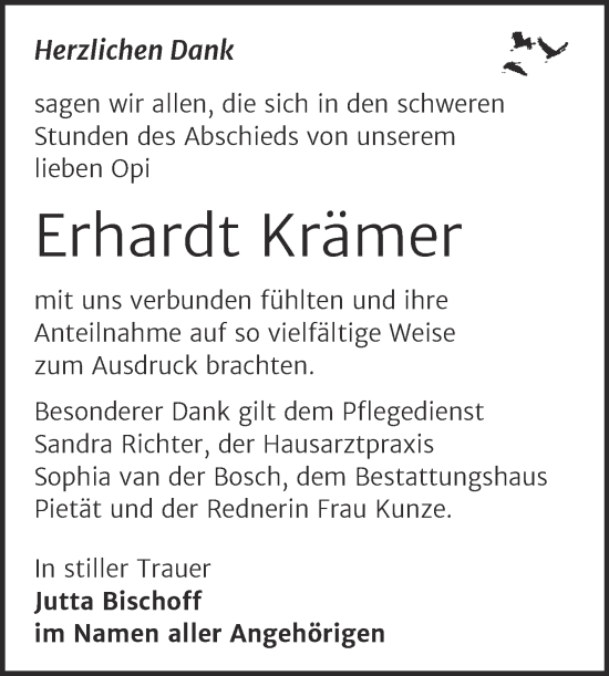 Traueranzeige von Erhardt Krämer von Trauerkombi Wittenberg