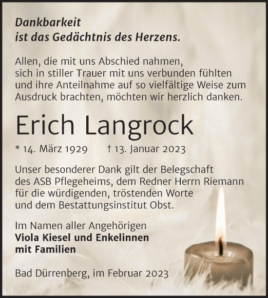 Traueranzeige von Erich Langrock von Trauerkombi Merseburg