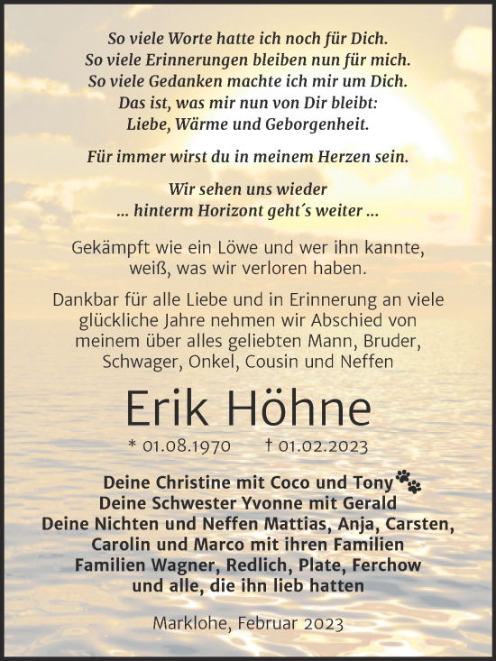 Traueranzeige von Erik Höhne von Trauerkombi Bernburg