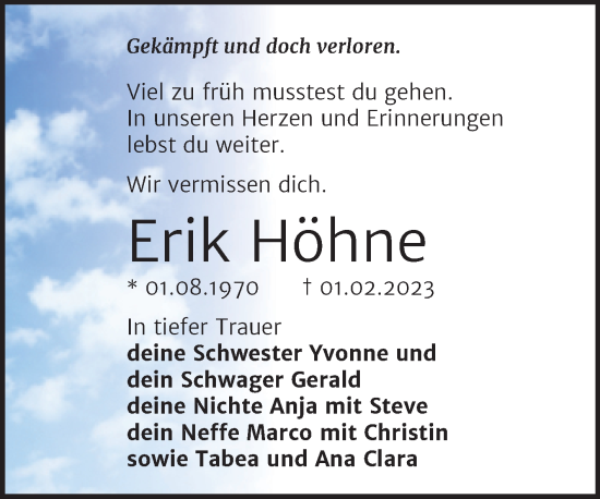 Traueranzeige von Erik Höhne von Trauerkombi Bernburg