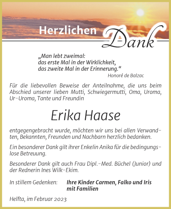 Traueranzeige von Erika Haase von Trauerkombi Mansfelder Land