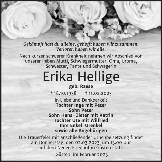 Traueranzeige von Erika Heilige von Super Sonntag Aschersleben