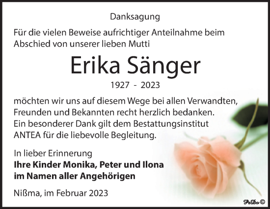 Traueranzeige von Erika Sänger von Trauerkombi Zeitz
