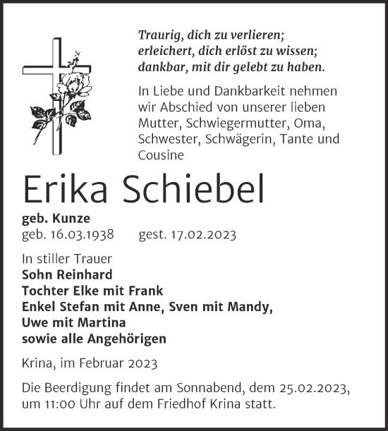 Traueranzeige von Erika Schiebel von Mitteldeutsche Zeitung Bitterfeld