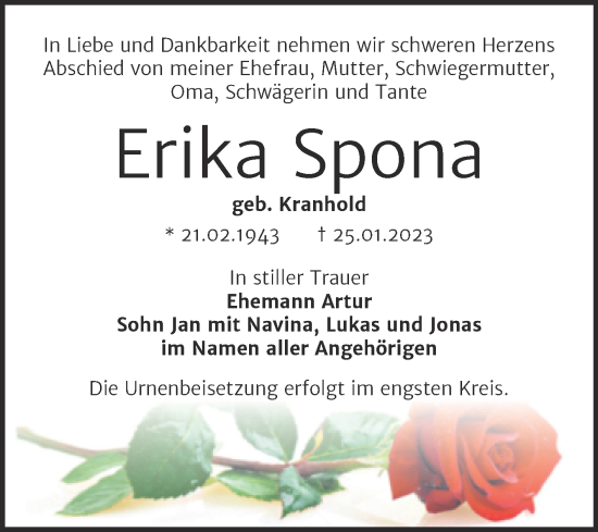 Traueranzeige von Erika Spona von Trauerkombi Bernburg