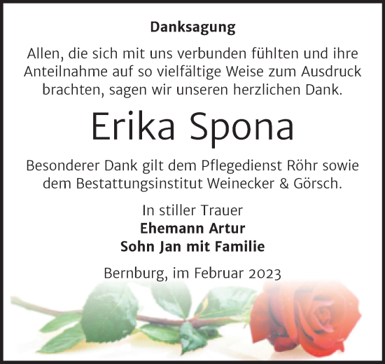 Traueranzeige von Erika Spona von Trauerkombi Bernburg