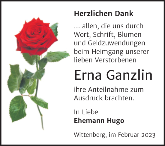 Traueranzeige von Erna Ganzlin von Trauerkombi Wittenberg