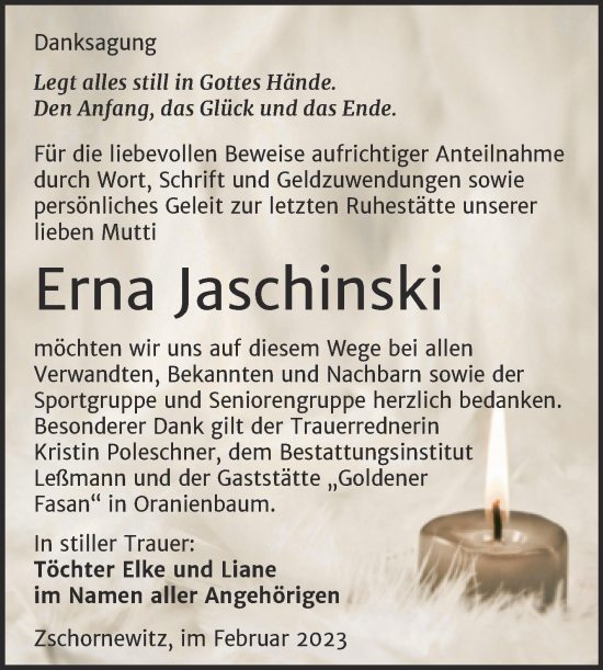 Traueranzeige von Erna Jaschinski von Trauerkombi Wittenberg