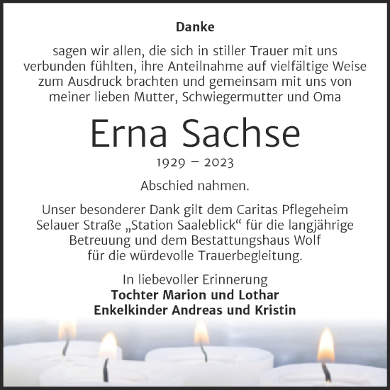 Traueranzeige von Erna Sachse von Trauerkombi Weißenfels
