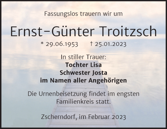 Traueranzeige von Ernst-Günter Troitzsch von Trauerkombi Bitterfeld
